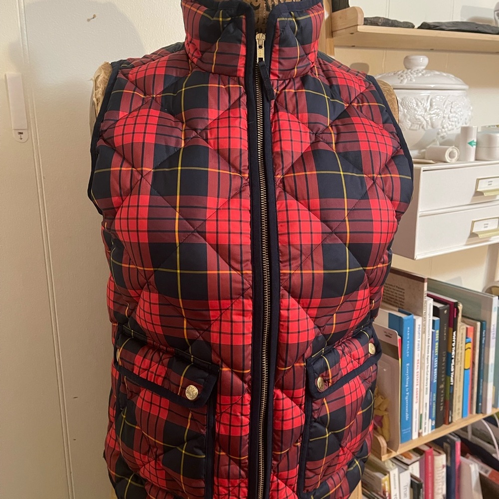 J. Crew Red and Black Plaid Quilted Vest